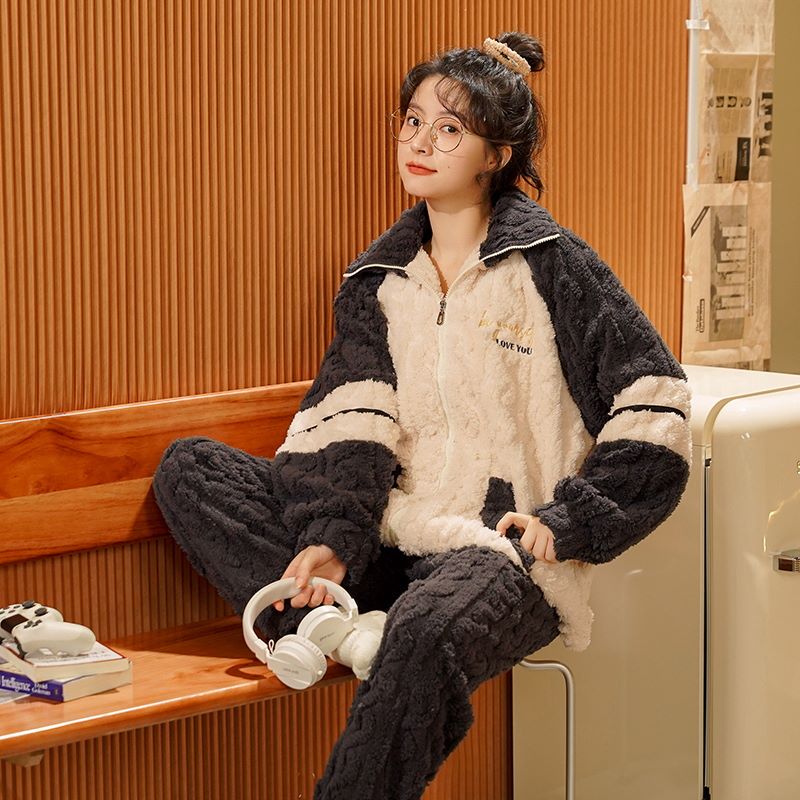 厚绒冬款保暖戴帽加绒女士睡衣宽松加厚居家外出穿韩版家居服套装