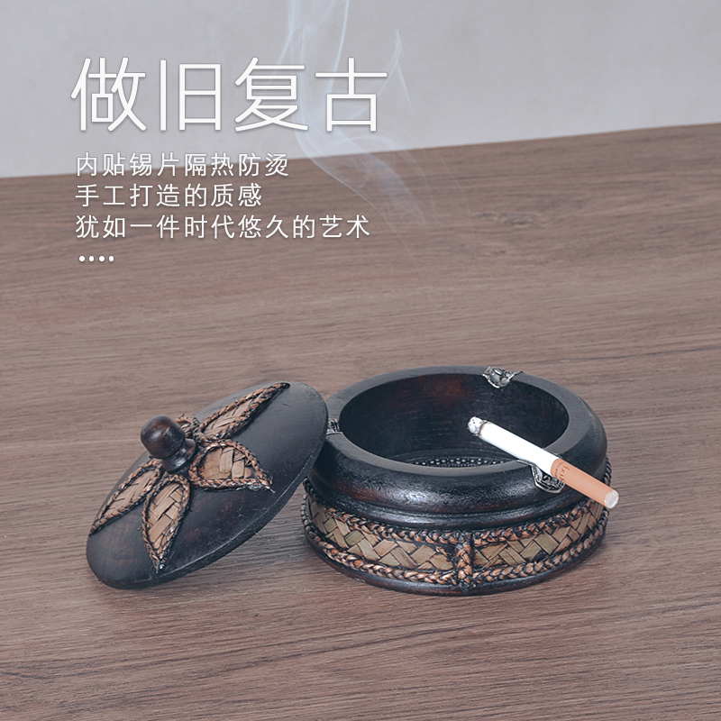 华仔亲荐泰国复古带盖烟缸实木花瓣带盖烟灰缸壶垫粗陶隔热防烫手