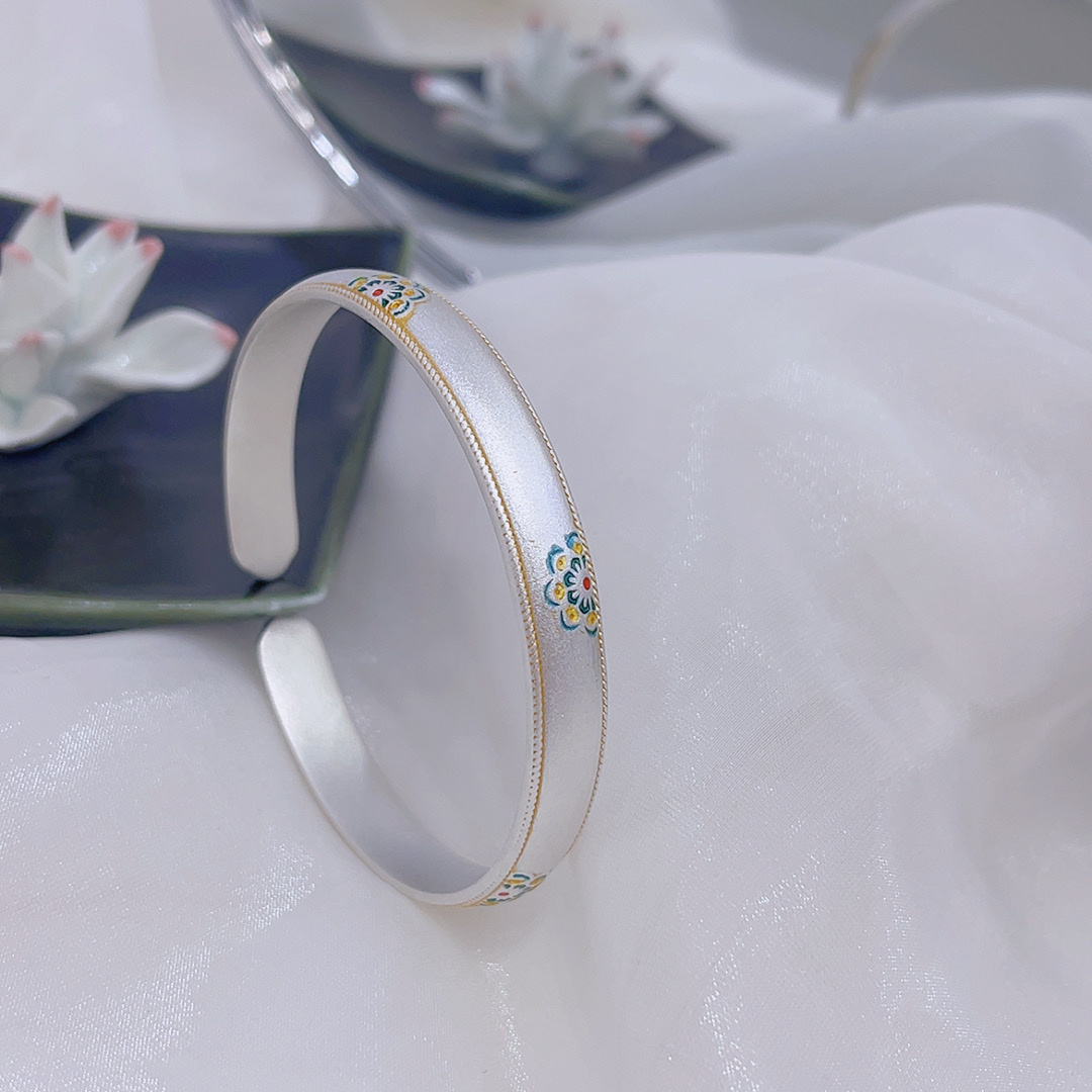 足银手镯 足银9999珐琅彩描金宝相花手镯新中式纯银手镯