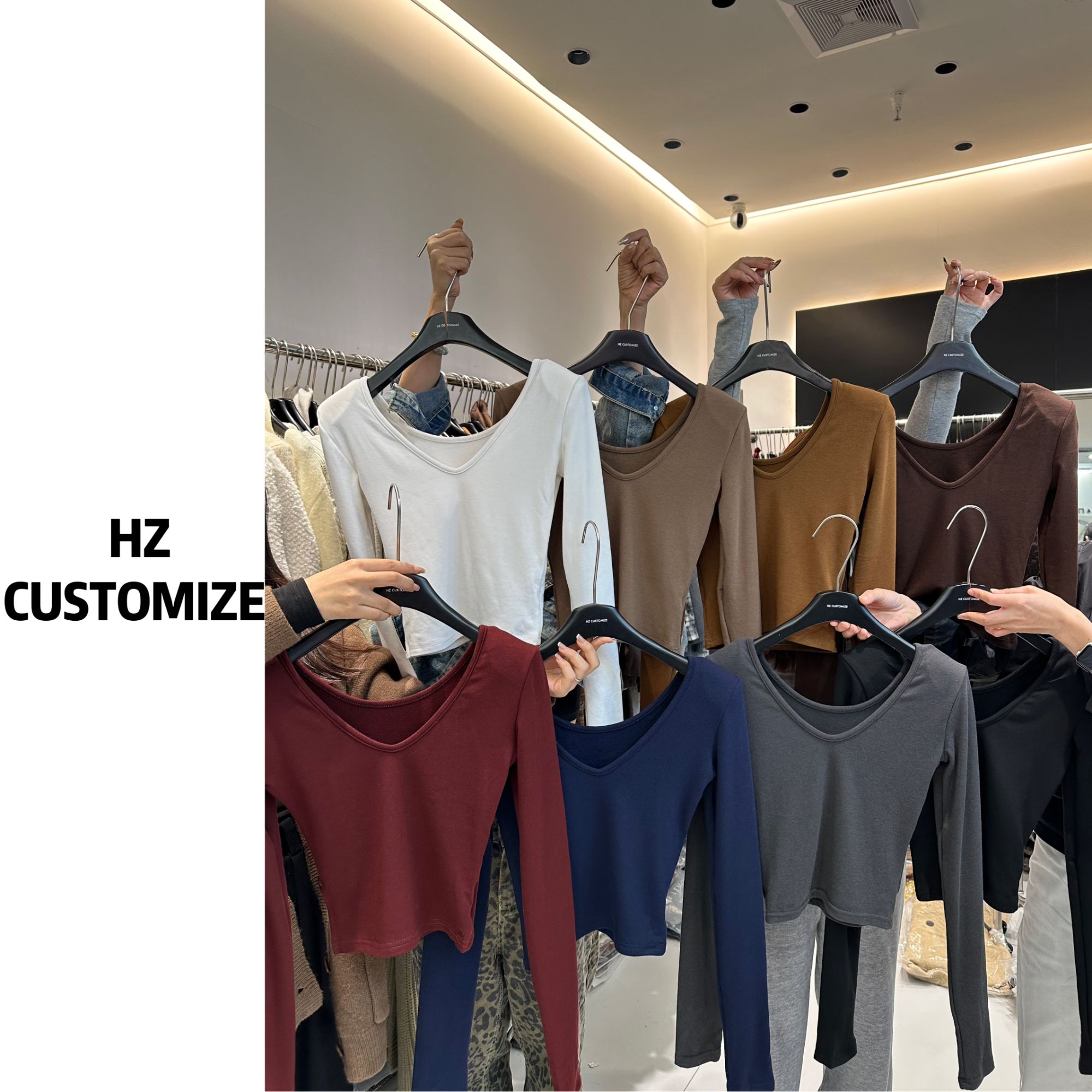 惠惠子自制【加厚纯欲辣妹】高弹长袖纯色v领简约前后两穿打底显瘦