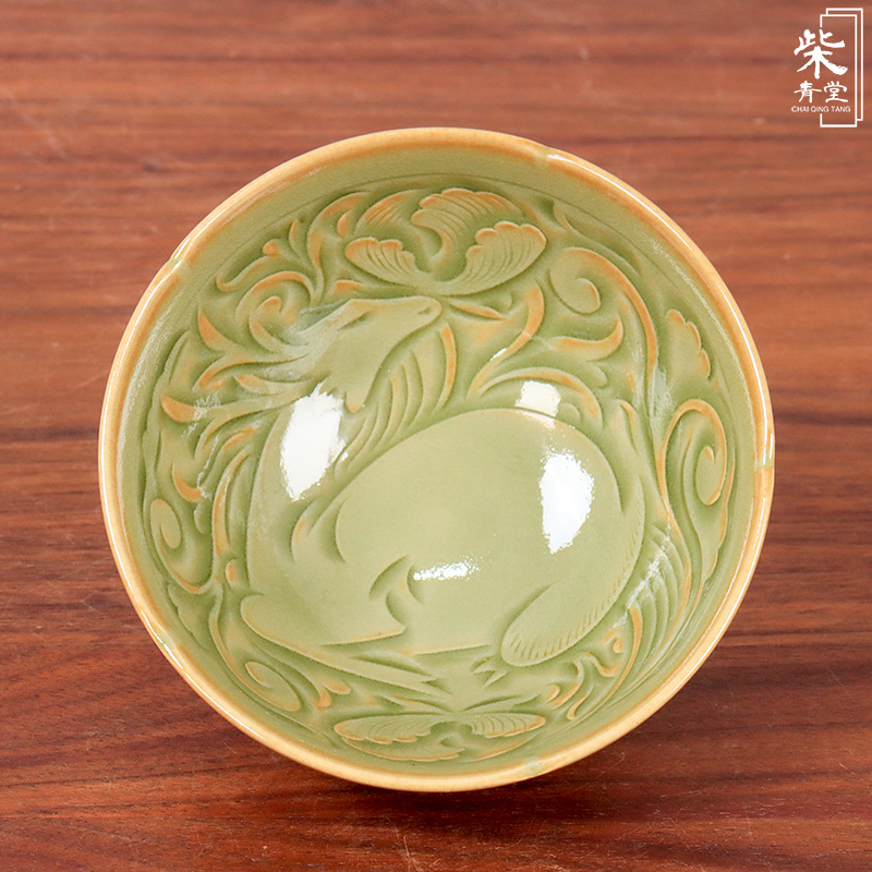 耀州窑橄榄青釉手工内刻灵芝卧鹿纹复古青瓷半月杯茶具茶道茶杯