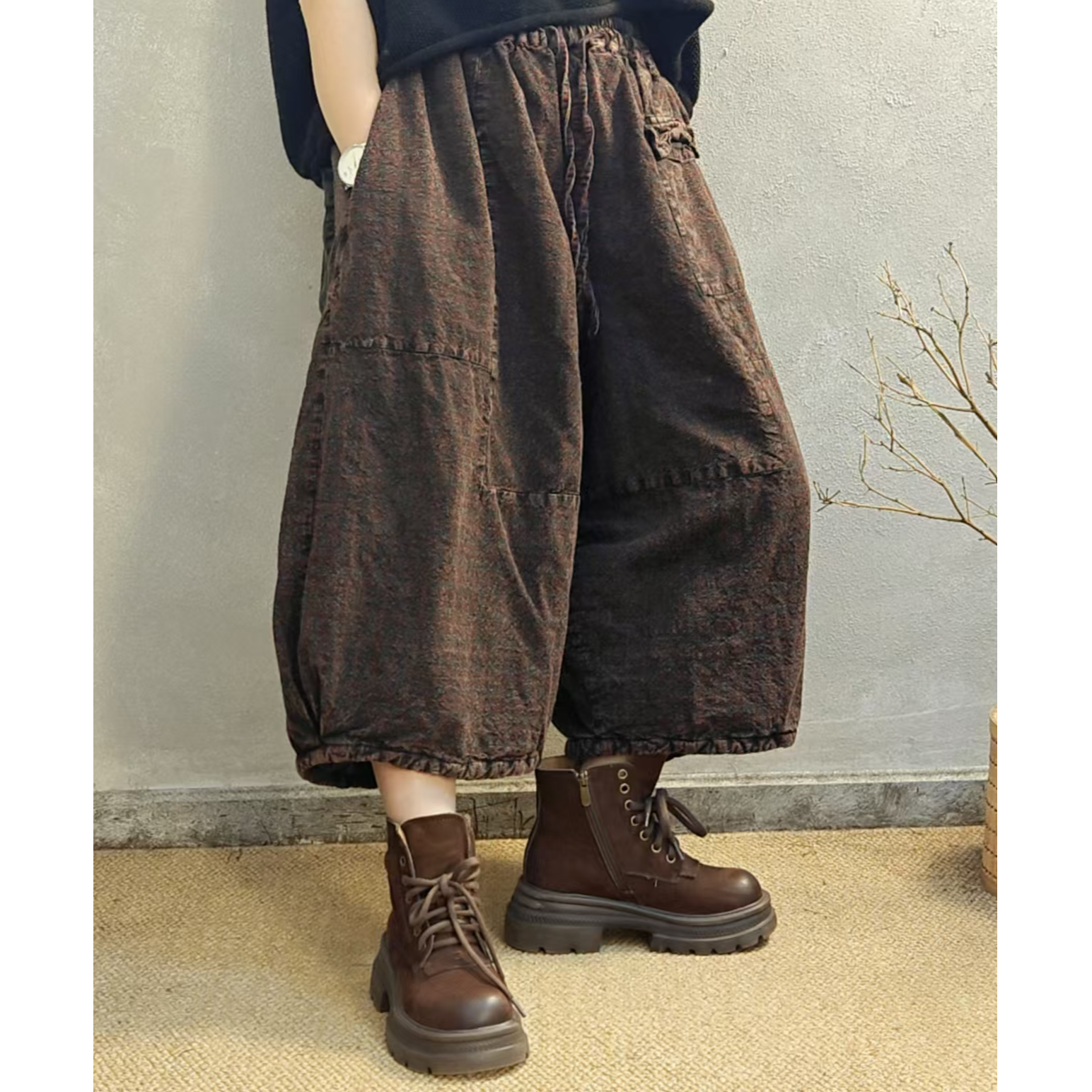 秋冬季新款重工加棉复古老粗布炒色做旧棉裤裤长75