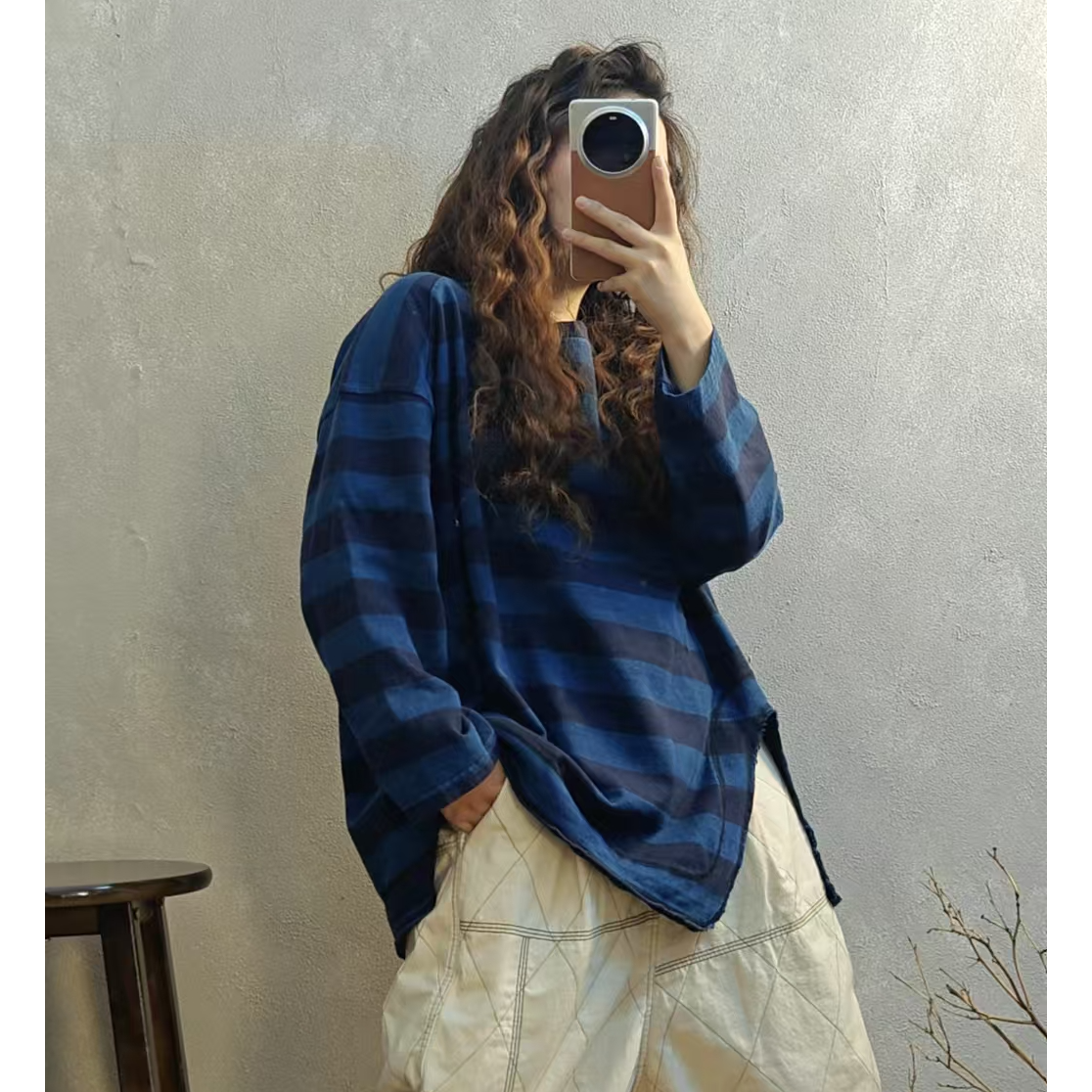 冬季新款棉质条纹大版侧边开叉炒色做旧套头卫衣衣长70