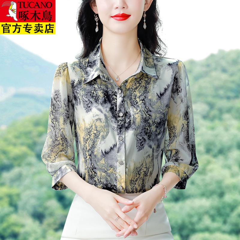 啄木鸟实拍 2024夏季新款洋气七分袖上衣气质减龄中袖印花衬衫