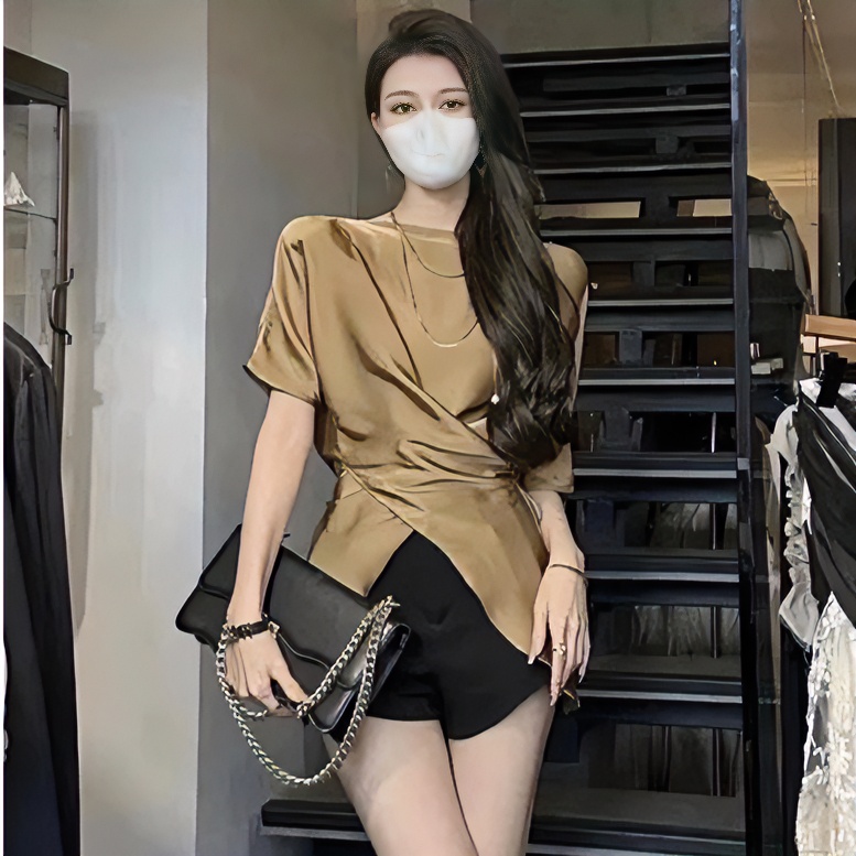 御姐风设计感不规则交叉下摆气质韩版显瘦衬衫开叉时尚休闲夏季