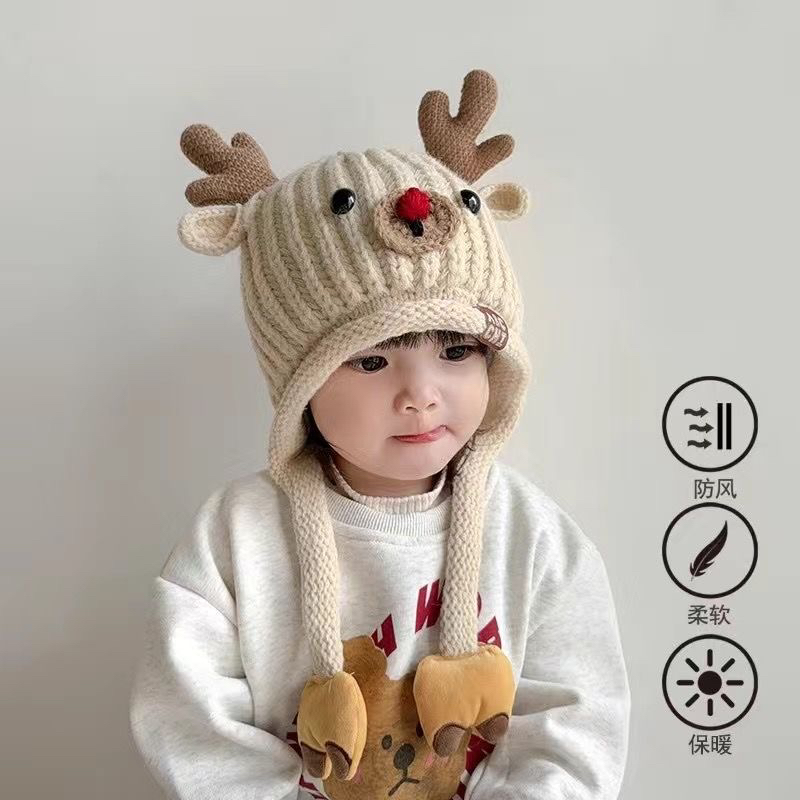 宝宝帽子冬季麋鹿造型护耳帽男孩女童针织帽秋冬天加厚保暖毛线帽