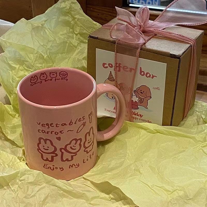 粉色兔子马克杯可爱少女心卡通陶瓷杯ins风家用水杯小众设计水杯