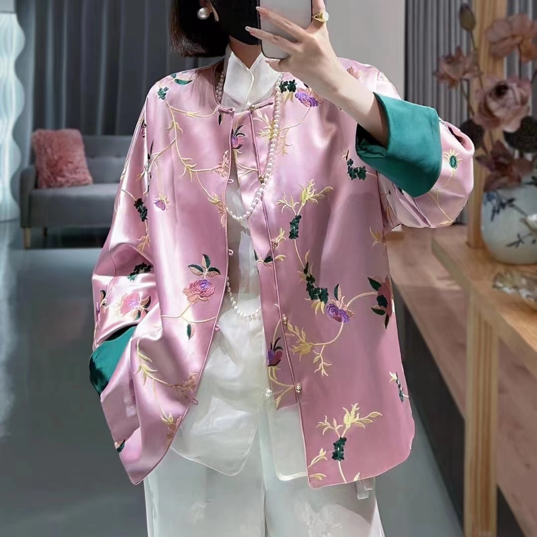 醋酸缎面重工刺绣新中式国风复古盘扣高端别致设计感宽松显瘦外套