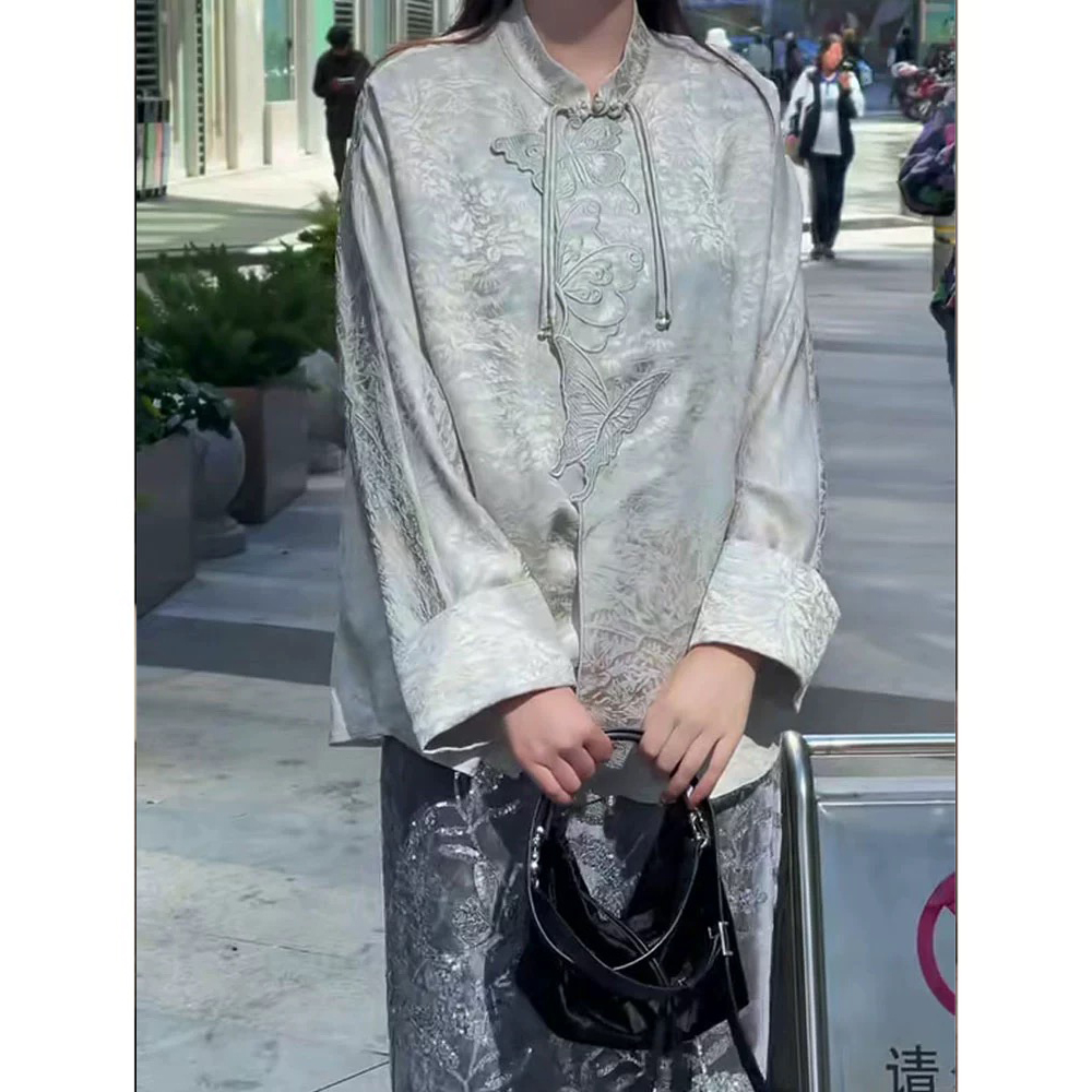 【FF】流苏编织盘扣门襟蝴蝶刺绣衬衫