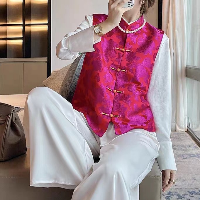 春夏季玫瑰织锦缎高端提花气质宽松百搭洋气盘扣高端马甲