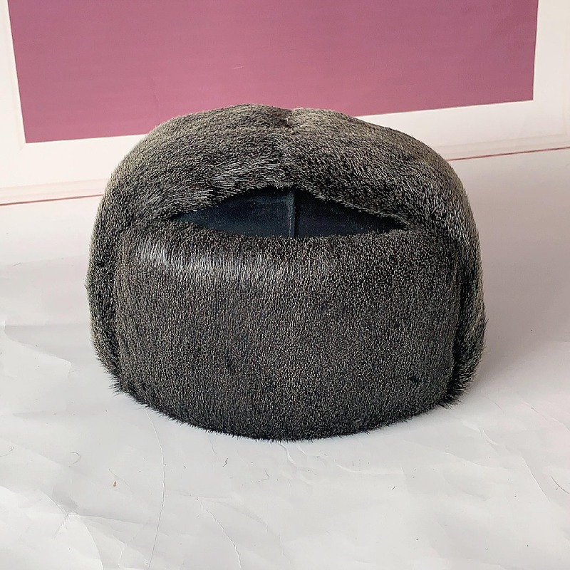 冬季保暖雷锋帽海豹毛保暖加厚棉帽真皮时尚百搭黑色防风护耳棉帽