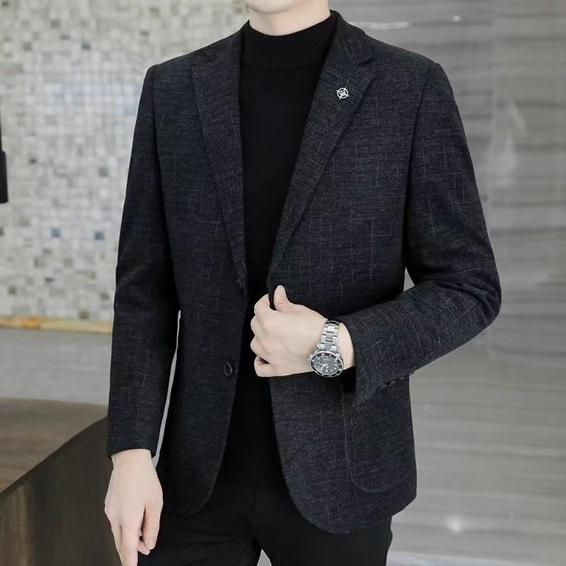 皮尔卡丹高档毛呢西服男士秋冬休闲加厚外套加大码长袖小西装上衣