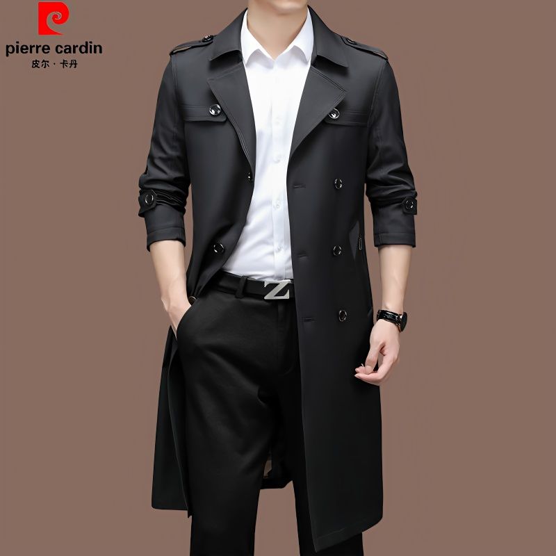 皮尔卡丹风衣男中年潮流休闲修身长款风衣双排扣高档春秋款外套