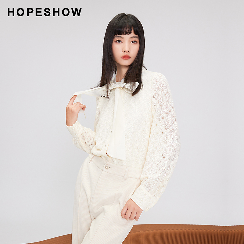 红袖冬季2023新款女装 磨毛蕾丝单排扣飘带领衬衫89123450303