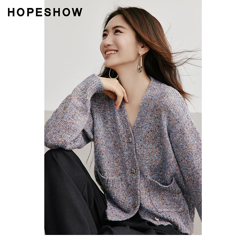 红袖冬季2024新款女装 花纱落肩单排扣V领针织开衫90124390101