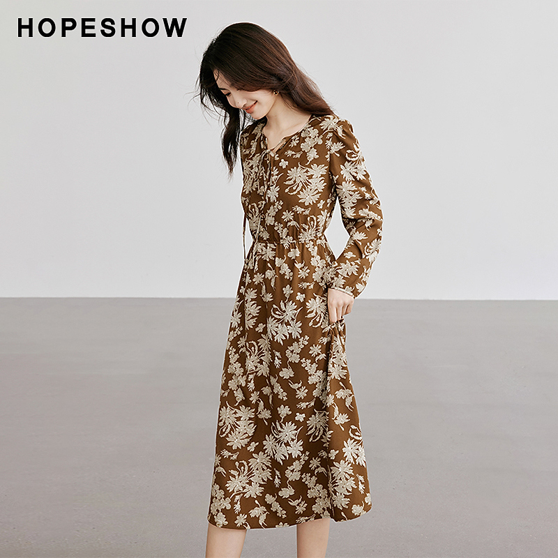 红袖冬季新款女装 【南法假日】收腰圆领印花裙90124321611