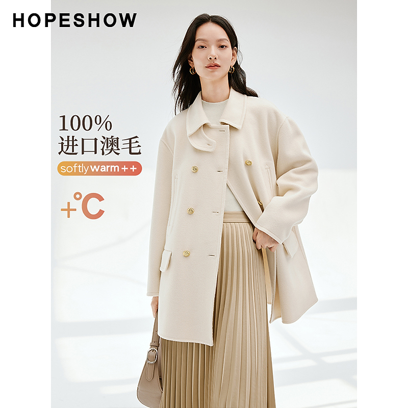 红袖冬季新款女装 落肩双排扣翻领双面呢大衣90123340811