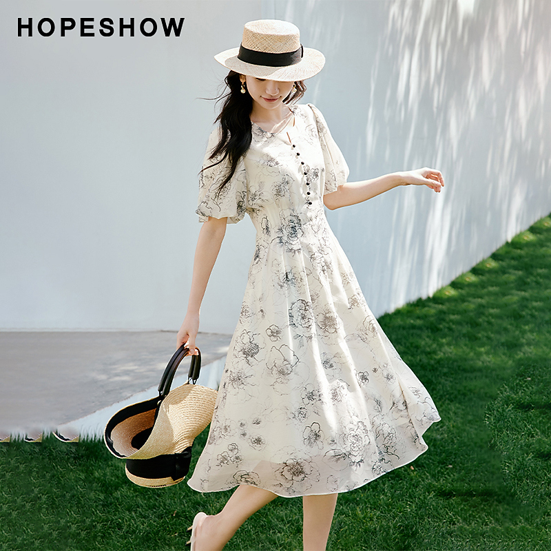 红袖夏季新款女装 复古印花灯笼袖圆领套头连衣裙90624141605