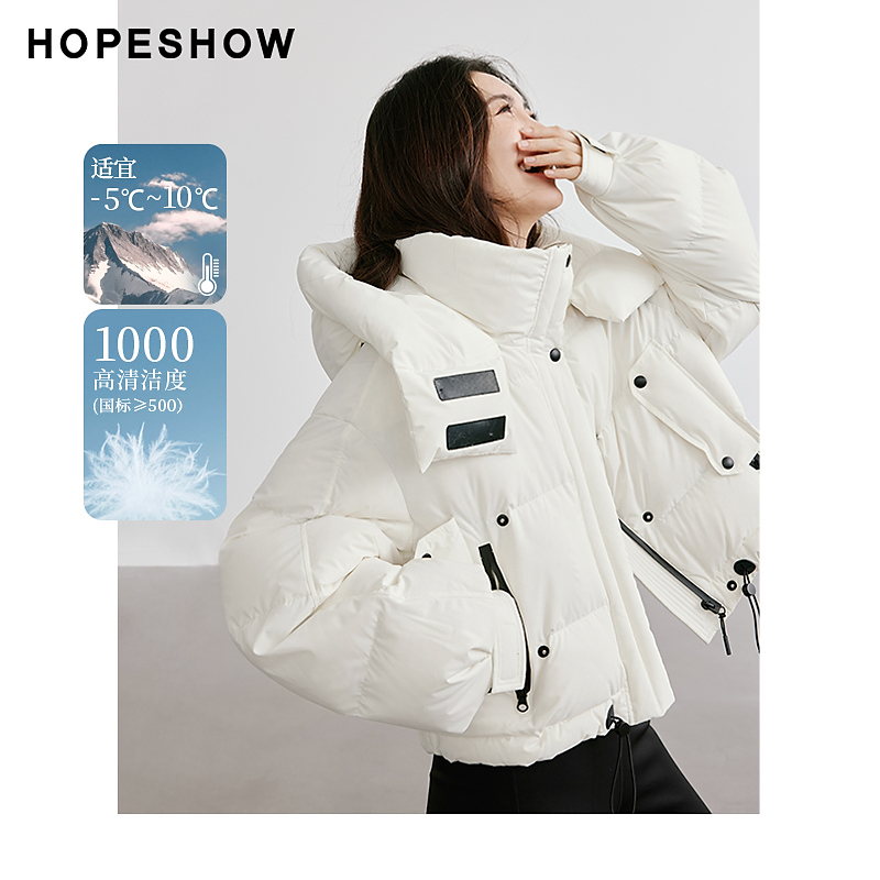 红袖冬季2024新款女装 落肩抽绳撞色拉链立领连帽羽绒90124360904