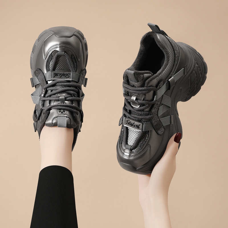 万达撤柜头层牛皮增高老爹鞋女2025春季水钻松糕显瘦小个子运动鞋