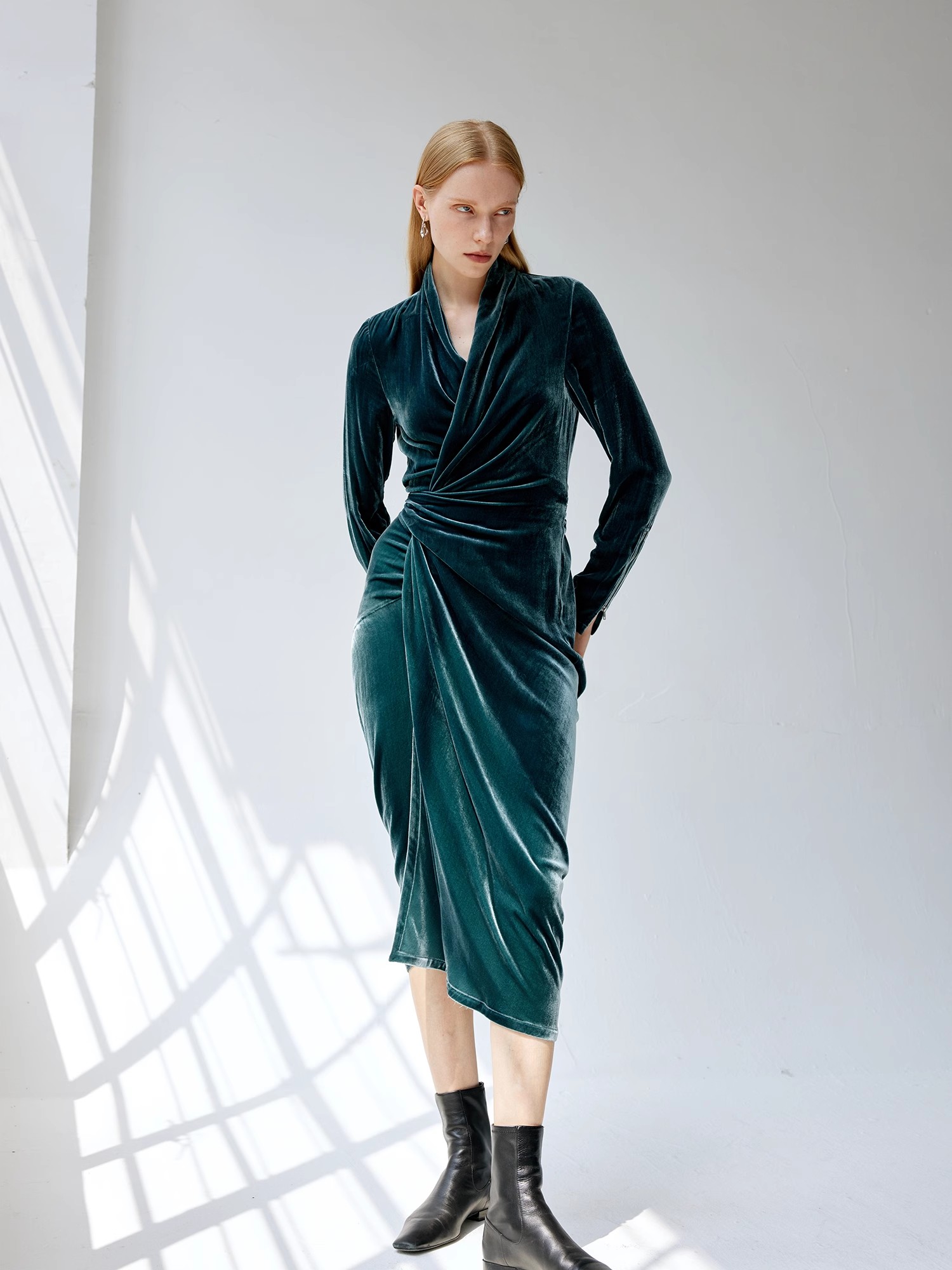 Z老板 RO真丝绒裹身不对称立裁连衣裙丝绒时尚连衣裙实用两穿