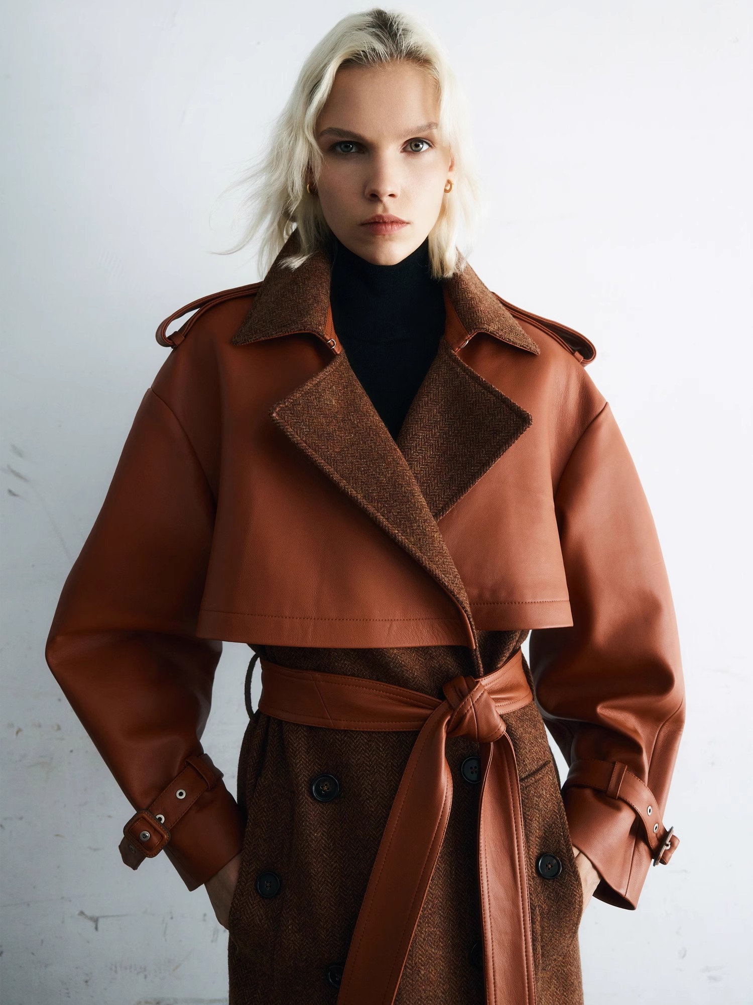 Z老板 复古摩登 美拉德羊毛大衣拼接羊皮外套