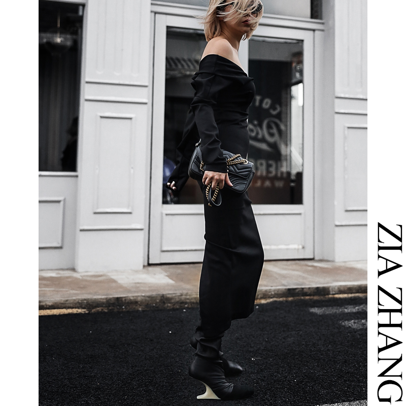 Z老板两穿V领挂肩连衣裙高弹长袖修身中长款聚会高级晚装女