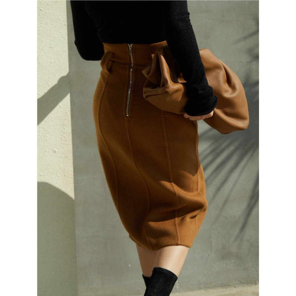 Z老板手工双面呢半身裙高腰中长款前开叉通勤短裙女