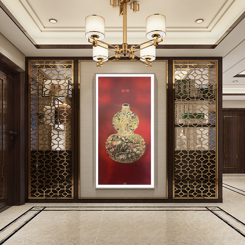葫芦高端3D立体烫金绸缎底铝合金玄关背景画80*160