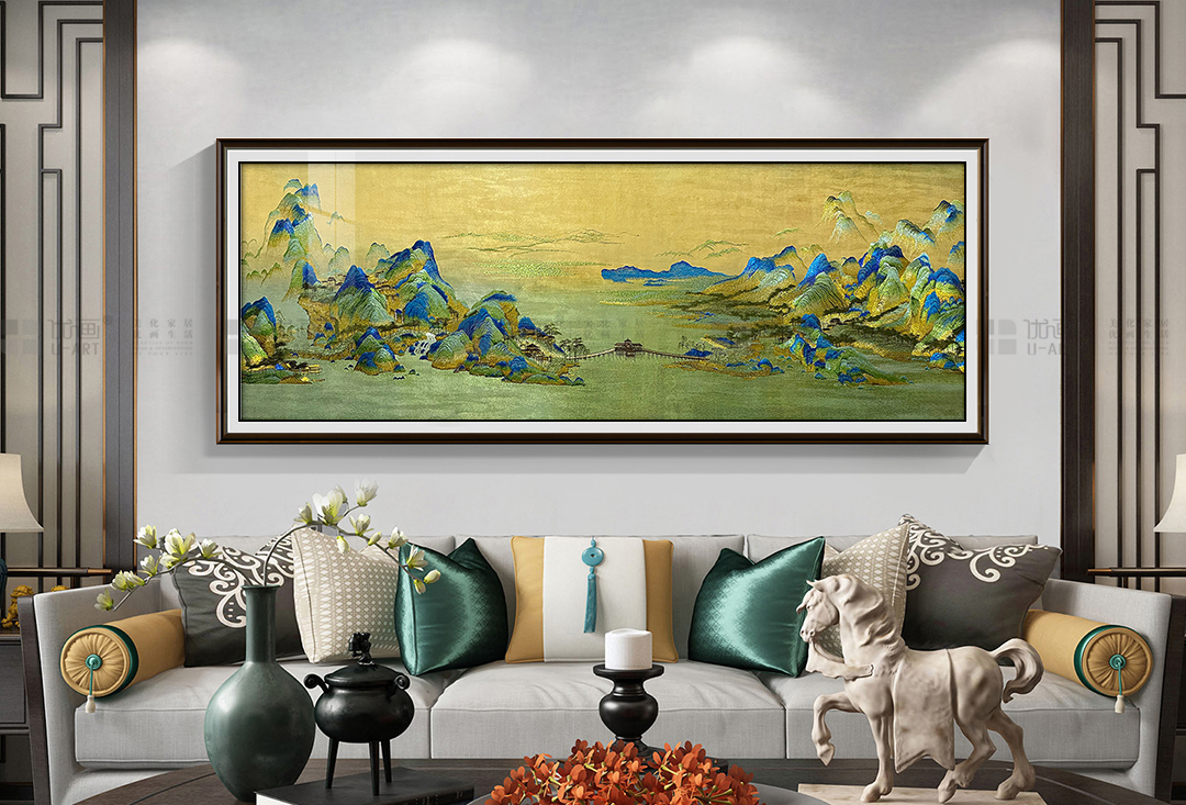 千里江山图刺绣高端织锦绣客厅沙发背景墙装饰画中式风壁画80*220
