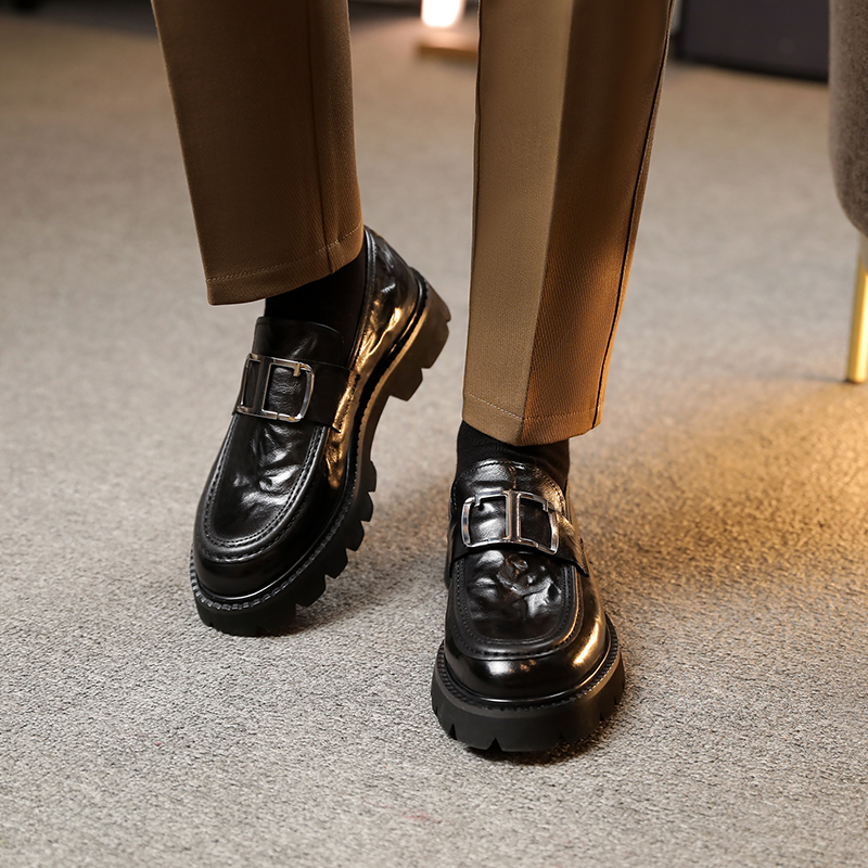 真皮厚底增高软面商务休闲皮鞋潮流时尚圆头韩版一脚蹬百搭乐福鞋
