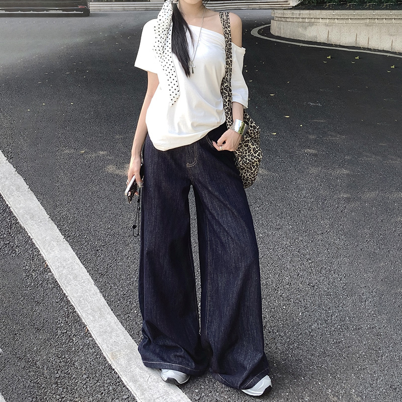 【运费补贴】175加长高个子180深蓝大阔腿裤女高腰超长拖地牛仔裤子