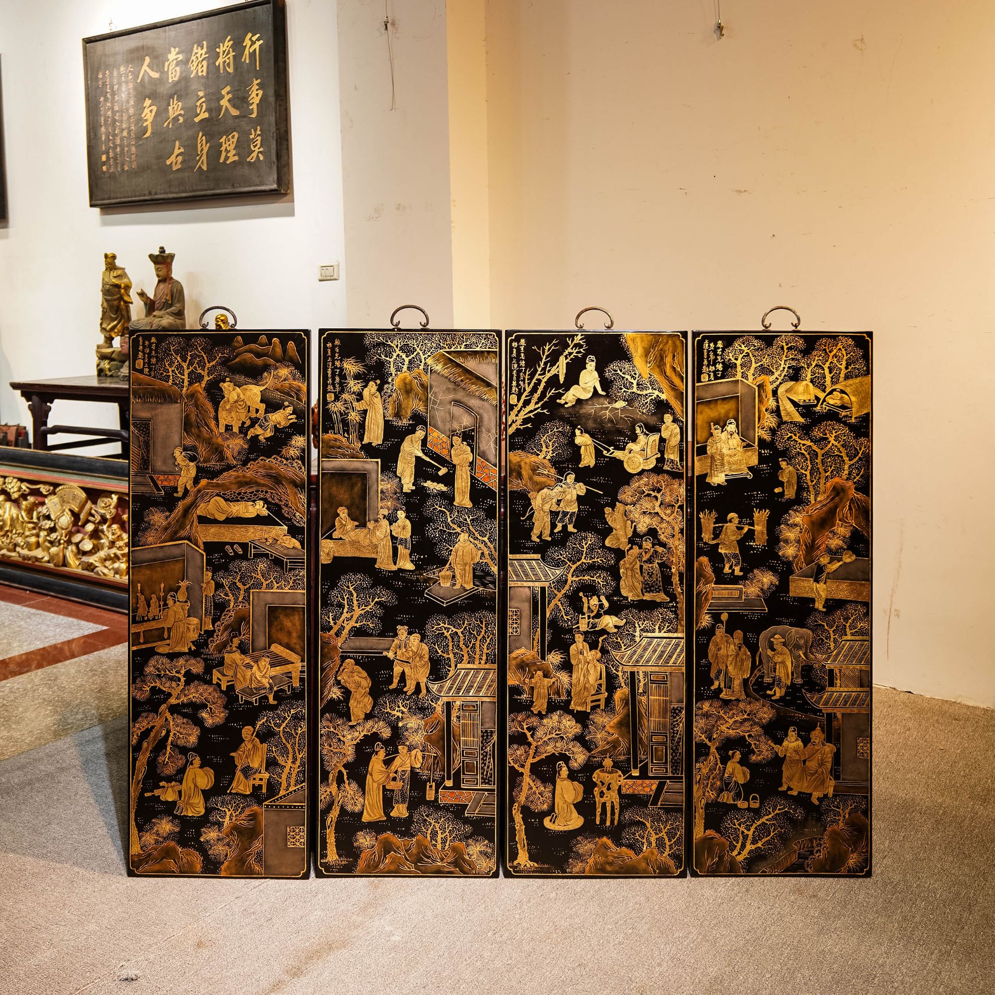 漆画珍品精美绝伦值得拥有珍品精拍二十四孝描金漆画四条屏