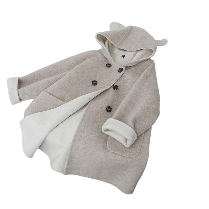 儿童双面呢大衣紫色卡通熊耳朵短款羊毛外套带尾巴羊绒宝宝毛呢