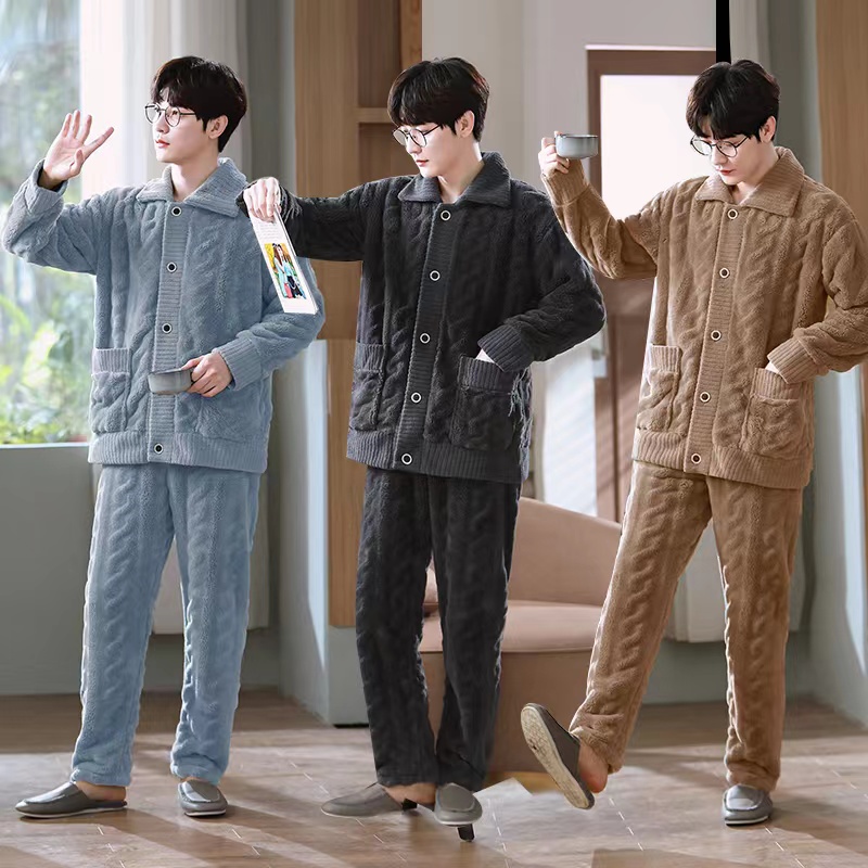 男士可外穿冬季家居服大码法兰绒睡衣套装秋款加厚保暖