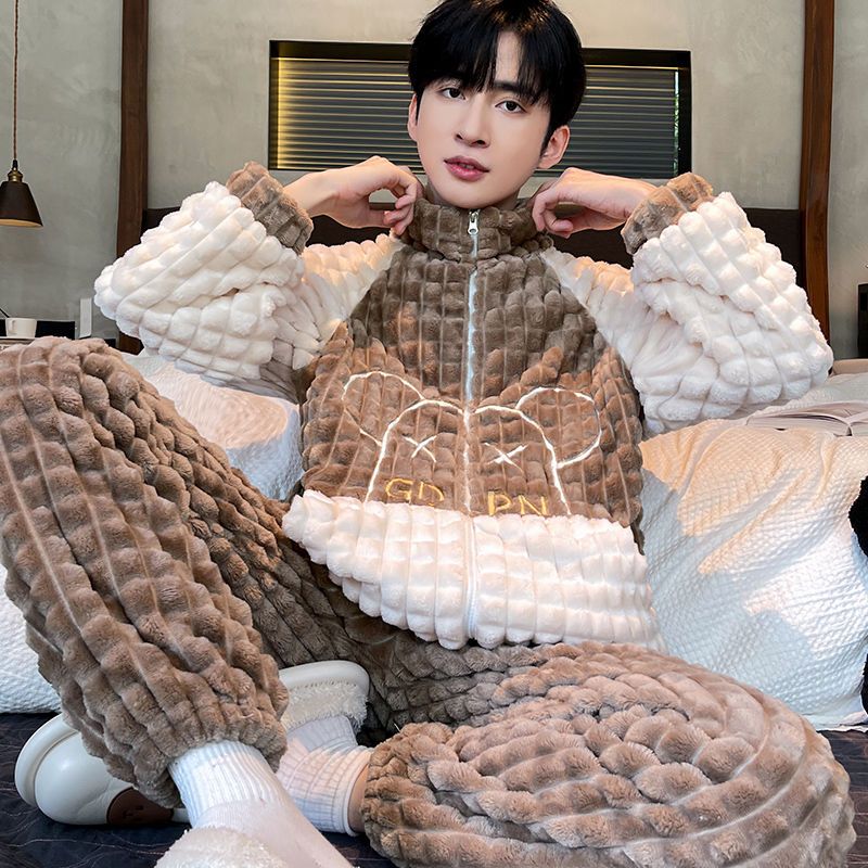 睡衣秋季新款长袖加绒加厚保暖法兰绒套装男士冬天珊瑚绒家居服