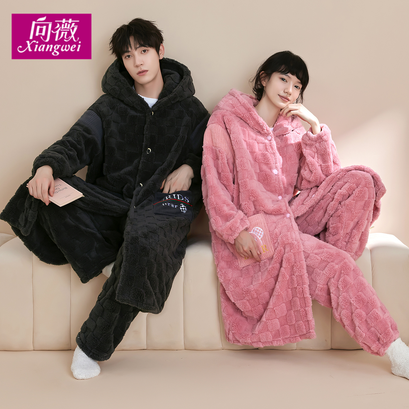 秋冬款加绒加厚加绒法兰绒情侣卡通睡袍家居服冬季珊瑚绒睡衣套装