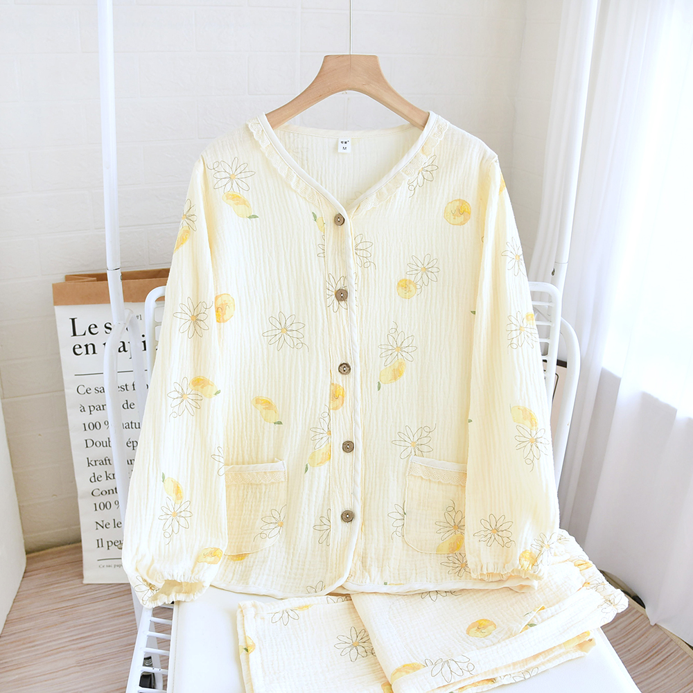 2025新款纱布睡衣女套装纯棉长袖春夏四季款双层纱宽松全棉家居服