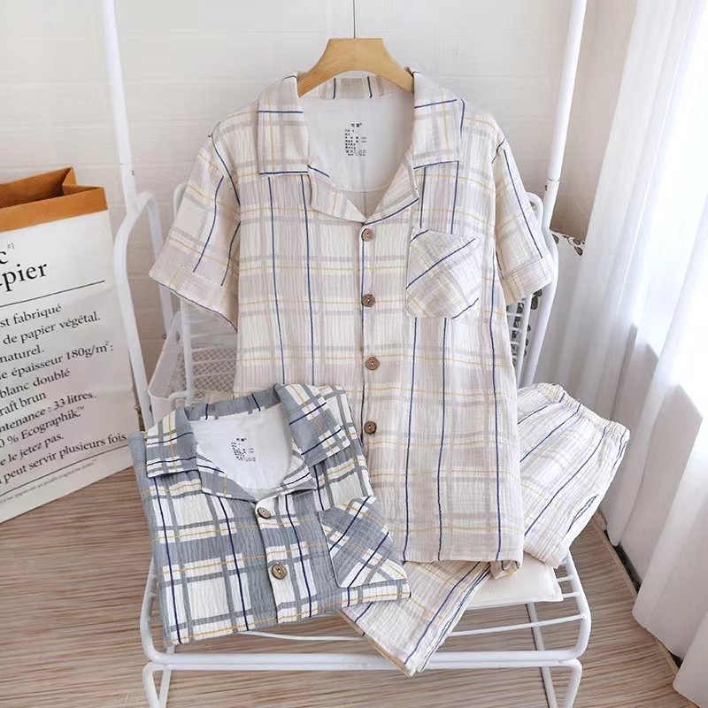 男士纯棉纱布睡衣双层纱短袖长裤夏季薄款宽松棉质透气家居服套装