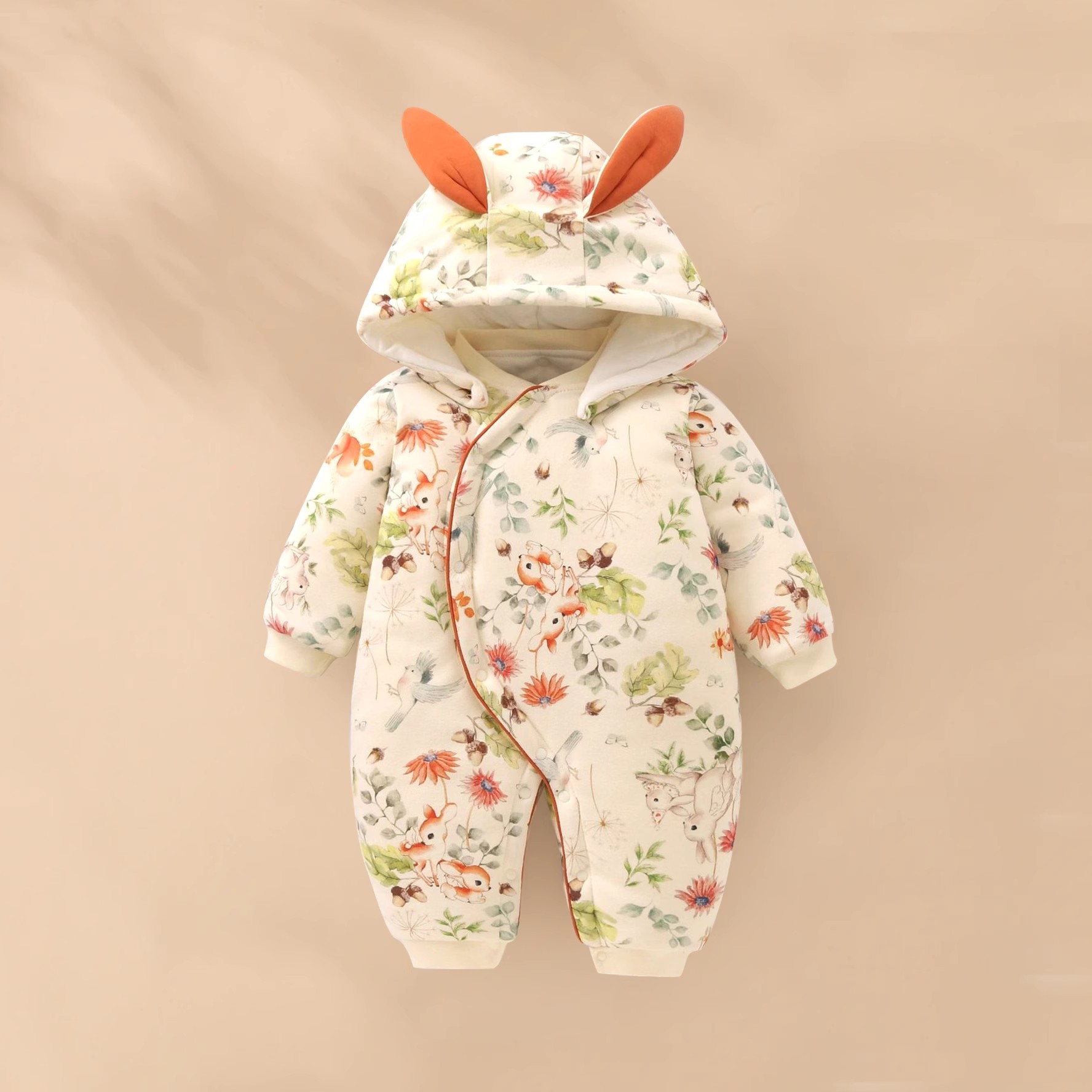 婴儿夹棉袄加厚220g保暖哈衣连帽外出服新生儿爬爬服秋冬季连体衣