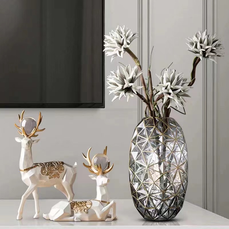 几何美巢彩色描金玻璃花瓶样板间插鲜花干花欧式轻奢家居摆件简约