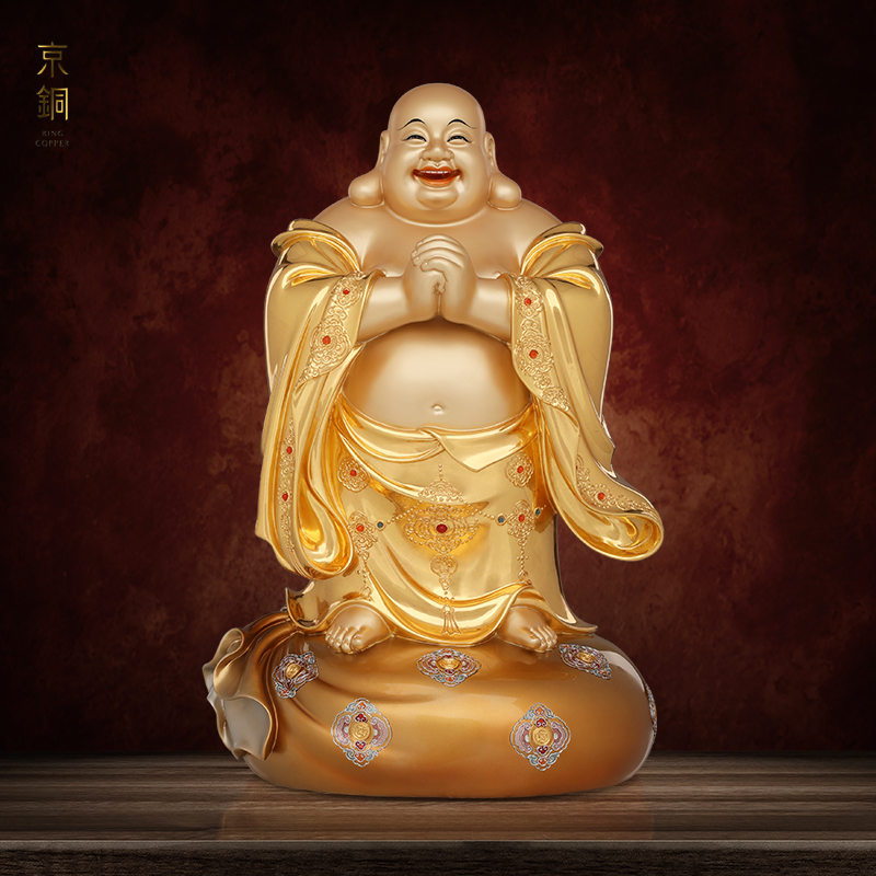 京铜黄铜掐丝贴金镶宝弥勒纯手工古法铸造铜摆件家居摆件工艺摆件