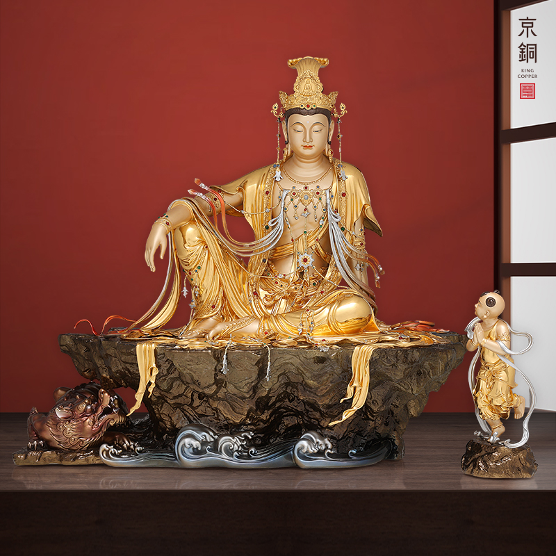 京铜黄铜掐丝贴金镶宝水月观音纯手工铸造铜摆件家居摆件工艺摆件