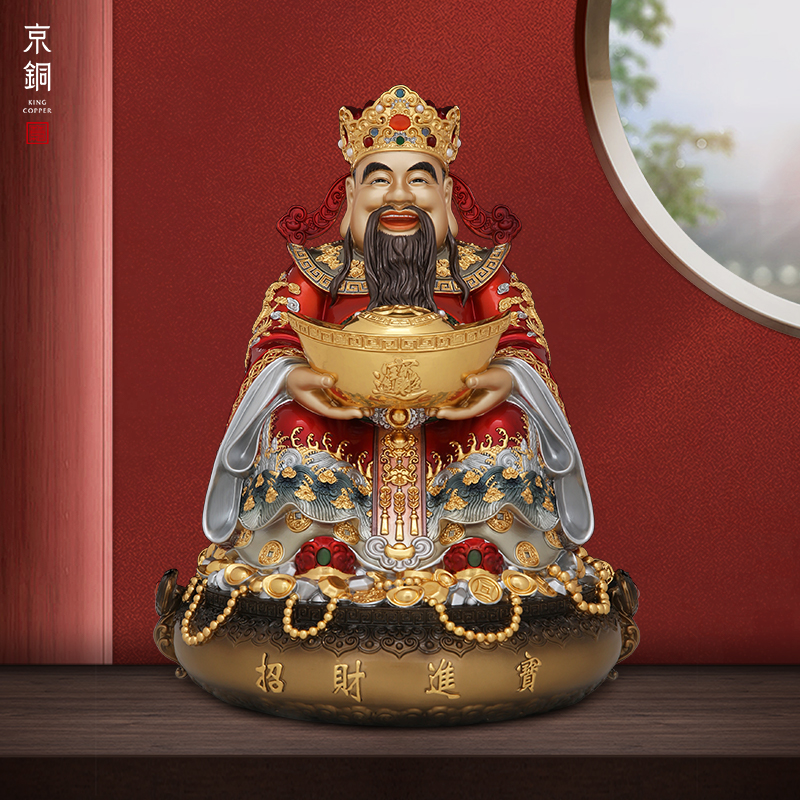京铜黄铜锦雕聚宝盆进宝财神古法铸造手工铜摆件家居摆件工艺摆件
