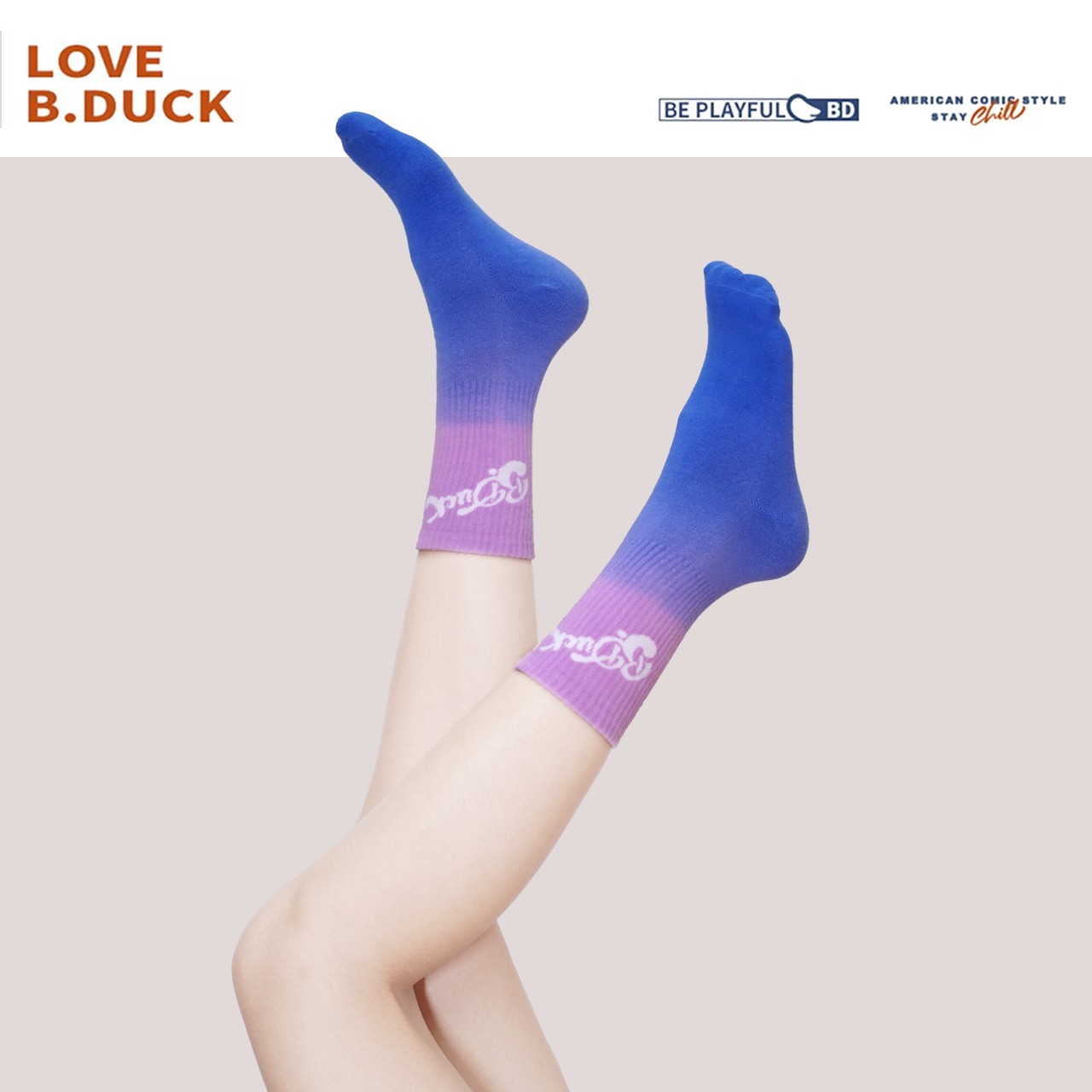 B.Duck小黄鸭新款潮酷紫色渐变长筒棉袜