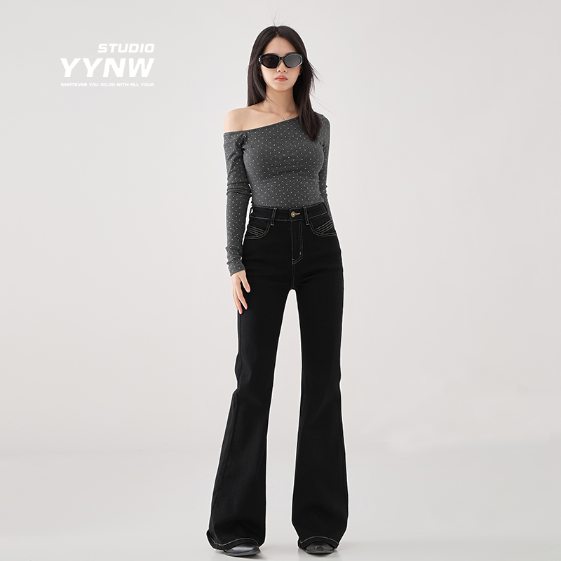YYNW美式复古微喇牛仔裤女秋季新款设计感小众高腰显瘦黑色喇叭裤