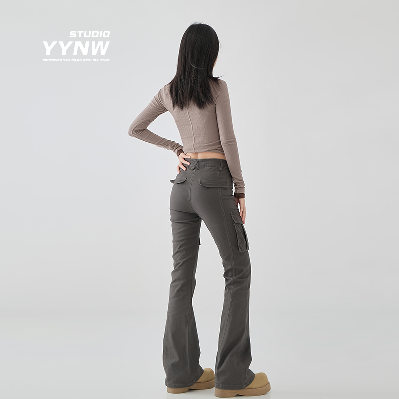 YYNW美式复古微喇叭工装牛仔裤女秋冬季高腰显瘦辣妹加绒加厚裤子