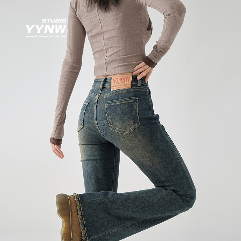 YYNW高腰微喇牛仔裤女新款秋季加绒加厚复古蓝修身显瘦马蹄喇叭裤