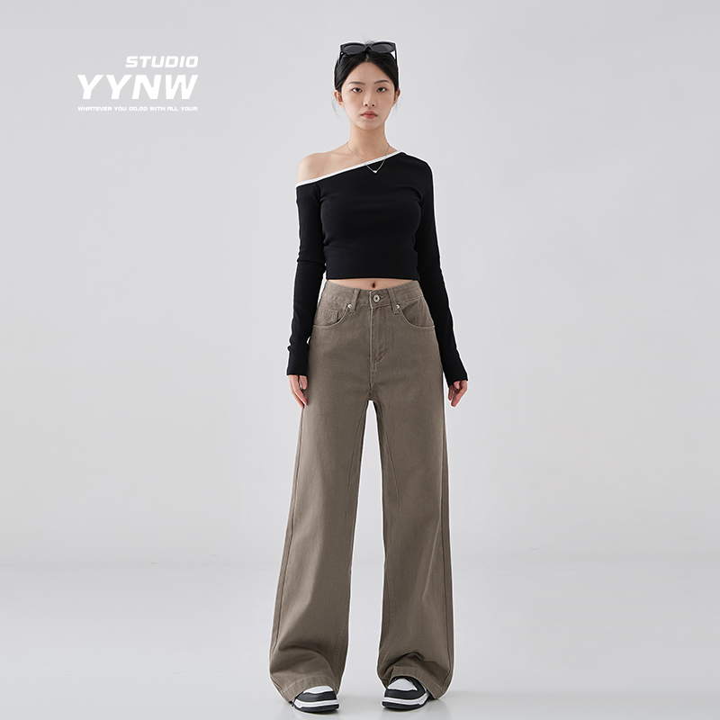 YYNW美式复古阔腿牛仔裤女秋季新款废土风设计感显瘦宽松直筒裤子