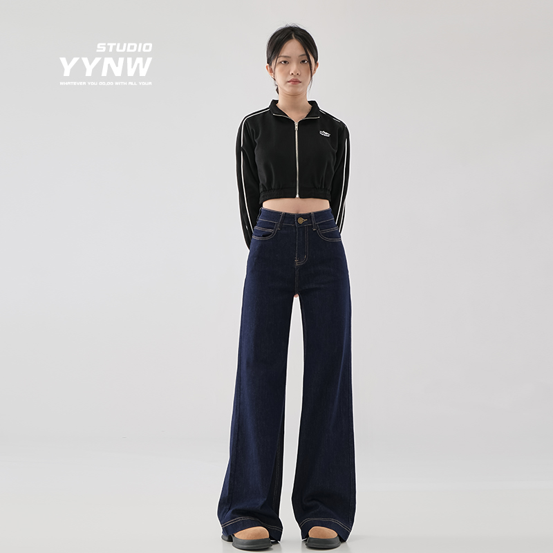 YYNW窄版直筒牛仔裤女宽松2024秋季新款丹宁深蓝色加绒阔腿拖地裤